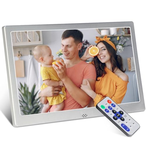 Digitaler Bilderrahmen 10 Zoll, Elektronischer Bilderrahmen Kalender/Uhrfunktion/Musik/Foto-/Videoplayer mit Fernbedienung, unterstützt USB/SD-Karte (Silber) von TSITSC