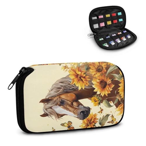 TSOVTHRID Aufbewahrungskoffer für Flash-Laufwerke, Motiv: braunes Pferd, Sonnenblumen-Druck, 10 Steckplätze, USB-Halterung, Aufbewahrungstasche, Daumenlaufwerk, leicht, einfach zu tragen, für Damen von TSOVTHRID