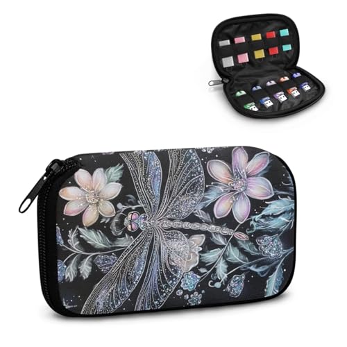 TSOVTHRID Aufbewahrungskoffer mit Libellen-Blumendruck, 10 Steckplätze, USB-Halter, Aufbewahrungstasche, Flash-Laufwerk-Aufbewahrung, Organizer, tragbar für Damen, Teenager, Geschäft, Arbeit, Studium von TSOVTHRID