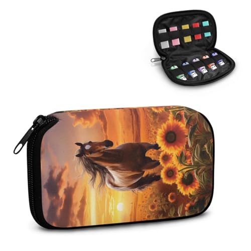 TSOVTHRID Schutzhülle für USB-Stick, Motiv: Pferd, Sonnenblumen-Druck, 10 Steckplätze, USB-Halterung, Aufbewahrungstasche, Daumenlaufwerk, Caes mit Reißverschluss, tragbar für Damen, Teenager von TSOVTHRID