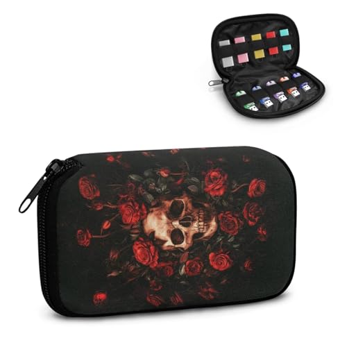 TSOVTHRID USB-Speicheretui mit Totenkopf-Rosen-Aufdruck, 10 Steckplätze, USB-Halter, Aufbewahrungstasche, Daumenlaufwerk, Caes mit Reißverschluss, für Damen, Teenager, Business, Arbeit, Studium von TSOVTHRID
