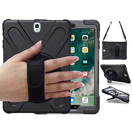 Samsung Galaxy Tab S3 S2 9.7 Case, Heavy Duty Rugged Armor Schutzhülle mit Griff Hand Grip, 360 ° rotierender Ständer, sm-t820 T825 Tablet Haut für Kinder Mädchen Schwarz Black_S3 Tab S3 9.7 von TSQ