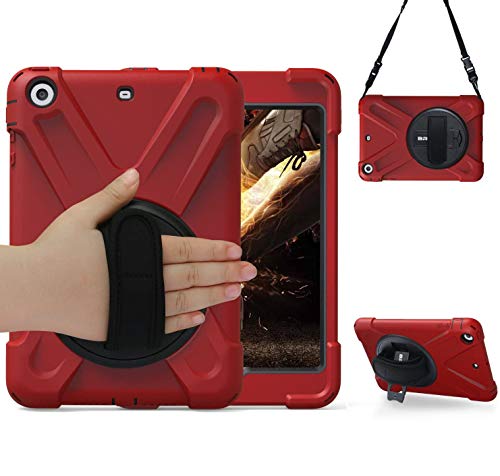 Schutzhülle für iPad Mini 1.,2.,3. Generation für Kinder 2012,2013,2014, iPad Mini 1,Mini 2,Mini 3, mit Ständer, strapazierfähig, robust, mit 360° drehbarem Ständer, Handschlaufe und Umhängeband, Rot von TSQ