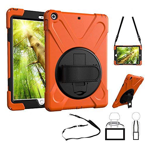 TSQ iPad 9.7 Hülle 5. Generation für Kinder 2017 2018 | Cover 6. 360 Grad drehbarer Ständer mit Griff Handschlaufe Strapazierfähige dreilagige Armor Schutzhülle Schultergurt Orange von TSQ