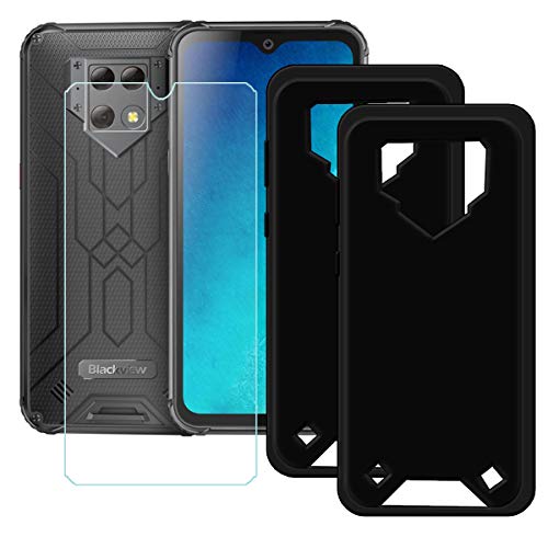 TTJ [2 Stück Schwarz Hülle für Blackview BV9800 Pro + HD Panzerglas, Handyhülle Silikon Schutzhülle Cover TPU Case Handytasche - Panzerglasfolie Schutzfolie für Blackview BV9800 Pro (6,3") von TTJ