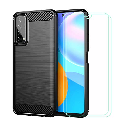 TTJ Hülle für Huawei P Smart 2021 + 2 HD Panzerglas, Handyhülle Kohlefaser Schutzhülle Cover TPU Case Handytasche - Panzerglasfolie Schutzfolie für Huawei P Smart 2021 (6,67") - Schwarz von TTJ