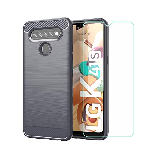 TTJ Hülle für LG K41S + HD Panzerglas, Handyhülle Kohlefaser Schutzhülle Cover TPU Case Handytasche - Panzerglasfolie Schutzfolie für LG K41S (6,5") - Grau von TTJ