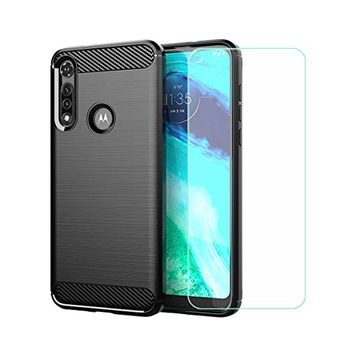 TTJ Hülle für Motorola Moto G Fast + HD Panzerglas, Handyhülle Kohlefaser Schutzhülle Cover TPU Case Handytasche - Panzerglasfolie Schutzfolie für Motorola Moto G Fast (6,4") - Schwarz von TTJ