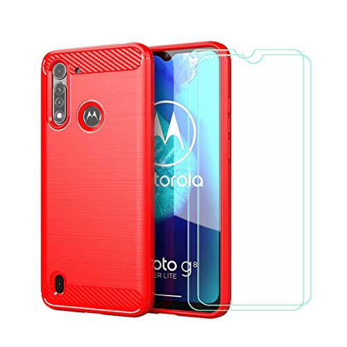 TTJ Hülle für Motorola Moto G8 Power Lite + 2 HD Panzerglas, Handyhülle Kohlefaser Schutzhülle Cover Case Handytasche - Panzerglasfolie Schutzfolie für Motorola Moto G8 Power Lite (6,36") - Rot von TTJ