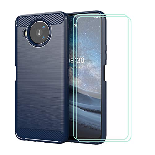 TTJ Hülle für Nokia 8.3 5G + 2 HD Panzerglas, Handyhülle Kohlefaser Schutzhülle Cover TPU Case Handytasche - Panzerglasfolie Schutzfolie für Nokia 8.3 5G (6,81") - Blau von TTJ