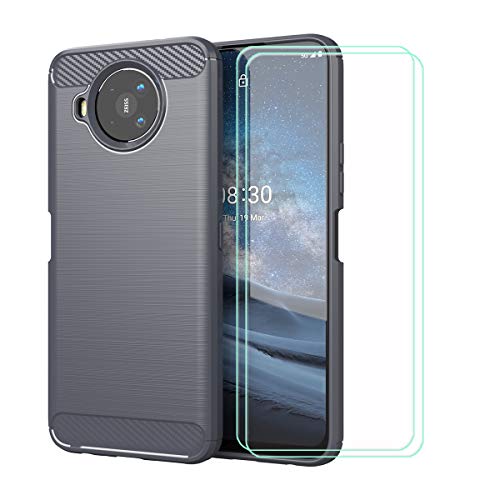 TTJ Hülle für Nokia 8.3 5G + 2 HD Panzerglas, Handyhülle Kohlefaser Schutzhülle Cover TPU Case Handytasche - Panzerglasfolie Schutzfolie für Nokia 8.3 5G (6,81") - Grau von TTJ
