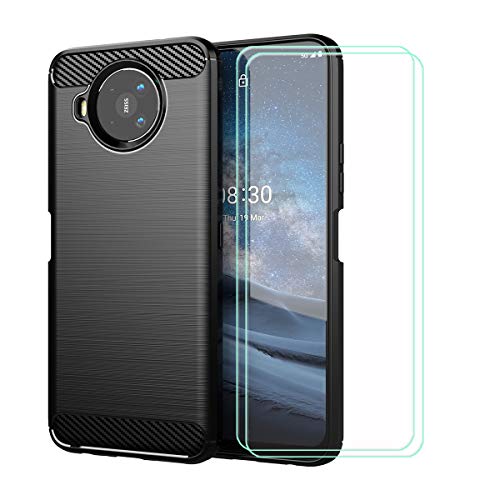 TTJ Hülle für Nokia 8.3 5G + 2 HD Panzerglas, Handyhülle Kohlefaser Schutzhülle Cover TPU Case Handytasche - Panzerglasfolie Schutzfolie für Nokia 8.3 5G (6,81") - Schwarz von TTJ