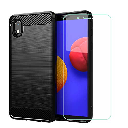 TTJ Hülle für Samsung Galaxy A01 Core + HD Panzerglas, Handyhülle Kohlefaser Schutzhülle Cover TPU Case Handytasche - Panzerglasfolie Schutzfolie für Samsung Galaxy A01 Core (5,3") - Schwarz von TTJ
