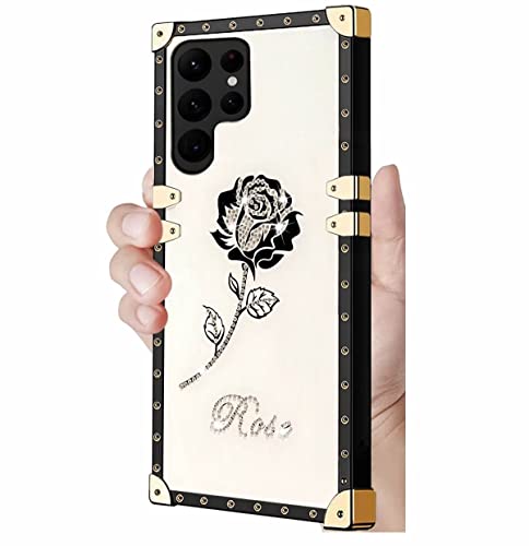 TTVV Glitzer Hülle für Samsung Galaxy S21 Ultra,Diamant Bling Rose Blume Handyhülle Square Case für Mädchen Verstärkte Ecken Outdoor Stoßfest Schützhülle von TTVV