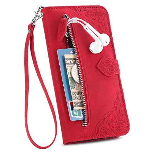 TTVV Reißverschluss Brieftasche Hülle für iPhone 13,Magnet Handyhülle Tasche PU Leder Geprägt Blume Klapphülle Flip Case Geldbörse mit 7 Kartenfach von TTVV