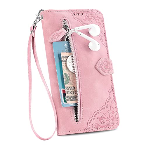 TTVV Reißverschluss Brieftasche Hülle für iPhone 7 Plus/8 Plus,Magnet Handyhülle Tasche PU Leder Geprägt Blume Klapphülle Flip Case Geldbörse mit 7 Kartenfach von TTVV