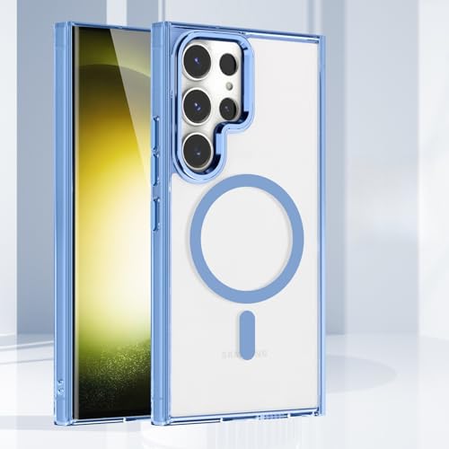 Diamantklare Schutzhülle für Samsung Galaxy S25 Ultra, kompatibel mit Mag-Safe, stoßfest, kabelloses Aufladen, Metalllinsenhülle (Hellblau) von TTWBB