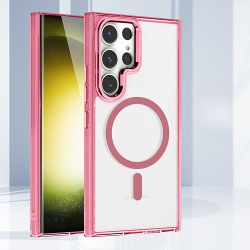 Diamantklare Schutzhülle für Samsung Galaxy S25 Ultra, kompatibel mit Mag-Safe, stoßfest, kabelloses Aufladen, Metalllinsenhülle (Rosa) von TTWBB