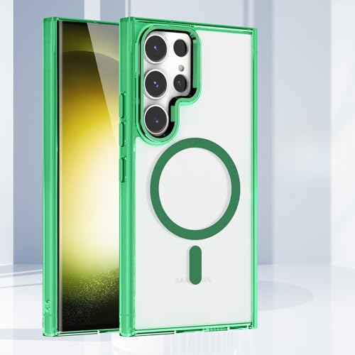 Diamantklare Schutzhülle für Samsung Galaxy S25 Ultra, kompatibel mit Mag-Safe, stoßfest, kabelloses Aufladen, Metalllinsenhülle (grün) von TTWBB