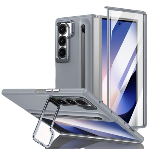 Schutzhülle für Samsung Galaxy Z Fold 5/Fold 6, mit Objektivhalterung und Stiftschlitz (mit Stift), [integrierter Displayschutz], harte, stoßfeste Handyhülle, Grau von TTWBB