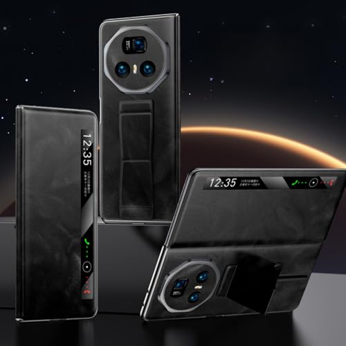 TTWBB Schutzhülle für Honor Magic V3, ölgewachstes Leder, magnetische Handschlaufe mit Ständer, Business-Hülle mit intelligentem Fenster, eingebauter Magnet für kabelloses Laden (Schwarz) von TTWBB
