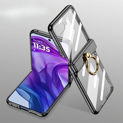 TTWBB Ultrakristallklare Schutzhülle für Motorola Razr 50/50, mit äußerer Displayschutzfolie und Ringhalter, magnetisches Scharnier, galvanisiert, schlanke Stoßhülle (schwarz) von TTWBB