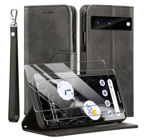 Kompatibel mit Google Pixel 8 Hülle, Leder Flip Stoßfeste Handyhülle, Magnetische Schutzhülle Silikon TPU [Kartenfach] [Standfunktion][2X Displayschutzfolie] Case -Schwarz von TTYSHTT