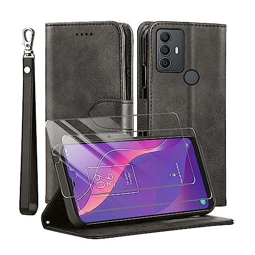Kompatibel mit TCL 305 / TCL 306 / TCL 30 SE/TCL 30E Hülle, Leder Flip Stoßfeste Handyhülle, Magnetische Schutzhülle Silikon TPU [Kartenfach] [Standfunktion][2X Displayschutzfolie] Case -Schwarz von TTYSHTT