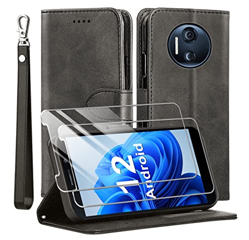 TTYSHTT Kompatibel mit Doogee X97/X97 Pro (6.0") Hülle, Leder Flip Stoßfeste Handyhülle, Magnetische Schutzhülle Silikon TPU [Kartenfach] [Standfunktion][2X Displayschutzfolie] Case -Schwarz von TTYSHTT
