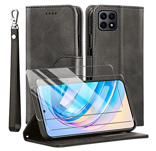 TTYSHTT Kompatibel mit Honor X8A Hülle, Leder Flip Stoßfeste Handyhülle, Magnetische Schutzhülle Silikon TPU [Kartenfach] [Standfunktion][2X Displayschutzfolie] Case -Schwarz von TTYSHTT