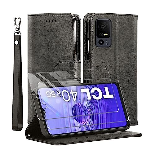 TTYSHTT Kompatibel mit TCL 40 R 5G (TCL 40R 5G) Hülle, Leder Flip Stoßfeste Handyhülle, Magnetische Schutzhülle Silikon TPU [Kartenfach] [Standfunktion][2X Displayschutzfolie] Case -Schwarz von TTYSHTT