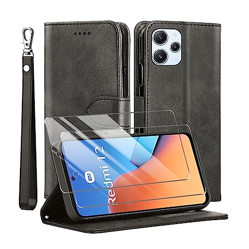 TTYSHTT Kompatibel mit Xiaomi Redmi 12 Hülle, Leder Flip Stoßfeste Handyhülle, Magnetische Schutzhülle Silikon TPU [Kartenfach] [Standfunktion][2X Displayschutzfolie] Case -Schwarz von TTYSHTT