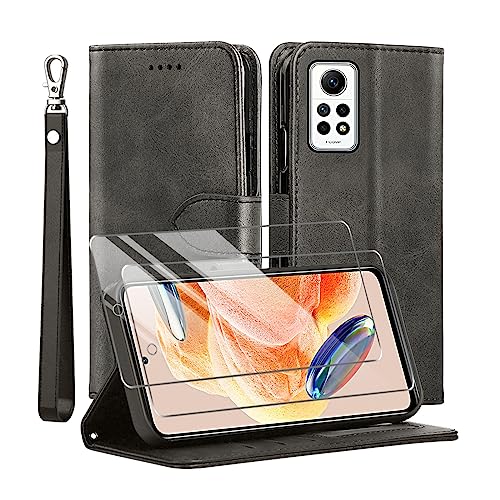 TTYSHTT Kompatibel mit Xiaomi Redmi Note 12 Pro 4G Hülle, Leder Flip Stoßfeste Handyhülle, Magnetische Schutzhülle Silikon TPU [Kartenfach] [Standfunktion][2X Displayschutzfolie] Case -Schwarz von TTYSHTT