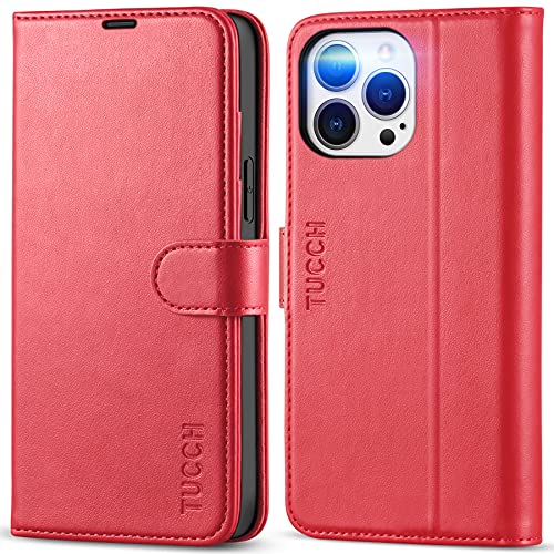 TUCCH Case für iPhone 13 Pro Max Hülle Stoßfeste Handyhülle RFID-Sperrung [TPU] [Kartenfach] [Standfunktion] Lederhülle, Schutzhülle Kompatibel mit iPhone 13 Pro Max (6,7 Zoll) Rot von TUCCH