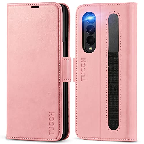 TUCCH Handyhülle für Galaxy Z Fold3 5G 2021, Lederhülle RFID-Sperrung mit S Pen Holder [Kartenfach] [Magnetverschluss] Stoßfeste Case zum klappen Kompatibel mit Z Fold 3 (7,6 Zoll) Rosagold von TUCCH