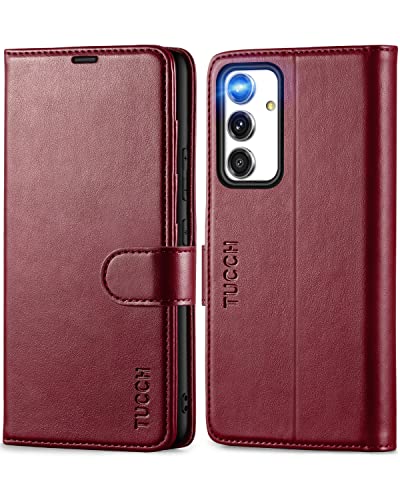 TUCCH Hülle für Galaxy A54, Handyhülle TPU [Kartenfach], [Schützt vor Stößen] [Magnetverschluss], Standfunktion, RFID Blocker, Klappbar Fliphülle Kompatibel mit Galaxy A54 5G(6.4 Zoll) 2023, Weinrot von TUCCH