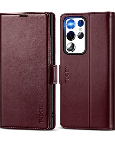 TUCCH Hülle für Galaxy S23 Ultra 5G 2023, [Ständer] Handyhülle stoßfest [RFID-Blocker] Schutz Klapphülle TPU Brieftasche [Standfunktion] Schutzhülle mit 4 Fächer (6,8 Zoll) Weinrot von TUCCH