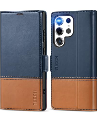 TUCCH Hülle für Galaxy S24 Ultra, Handyhülle [Ständer], Case TPU [Kartenfächer] [Magnet], [RFID Blocker] Etui, Stoßfeste Klapphülle, Cover Kompatibel mit S24 Ultra 2024 5G(6,8 Zoll), Tiefblau-Braun von TUCCH