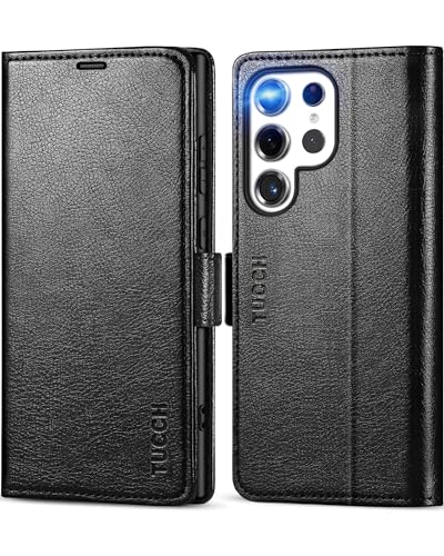 TUCCH Hülle für Galaxy S24 Ultra, Klapphülle TPU [RFID Blocker], [Magnet] Case, [Kartenfach] Handyhülle, [Ständer] Tasche, Cover Kompatibel mit Galaxy S24 Ultra 2024 5G(6,8 Zoll), Gemustert Schwarz von TUCCH