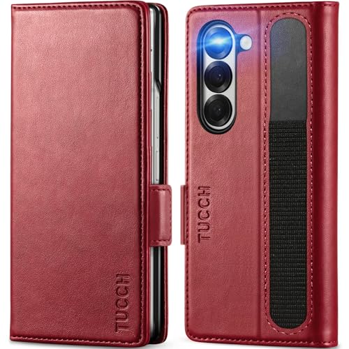 TUCCH Hülle für Galaxy Z Fold 6 Case Stoßfeste Klapphülle mit S Pen Halter, [Ständer] [Kartenfach] [RFID Blocker] PU Leather Schutzhülle kompatibel mit Galaxy Z Fold6 5G (7,6 Zoll) 2024, Dunkelrot von TUCCH