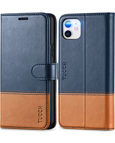 TUCCH Hülle für iPhone 11, Stoßfeste Handyhülle [TPU] [RFID Blocker] [Kartenfach] [Standfunktion] Lederhülle, Schutzhülle Lederhülle Cover (6.1 Zoll) 2019 Blau-Braun von TUCCH
