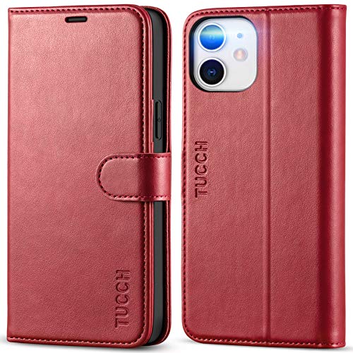 TUCCH Hülle für iPhone 12, iPhone 12 Pro Cover, Schutzhülle [Schützt vor Stößen] [Magnetverschluss] [Kartenfach] [Verdicktes TPU] Handyhülle klappbar für iPhone 12/12 Pro (6,1 Zoll) Dunkelrot von TUCCH