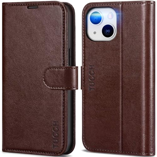 TUCCH Hülle für iPhone 13, Klapphülle iPhone 13 [TPU] [Kartenfächer] [Ständer] [Magnet] RFID-Blocker, Stoßfeste Handyhülle Case, Cover kompatibel mit iPhone 13 5G 2021(6,1 Zoll) Schokobraun von TUCCH