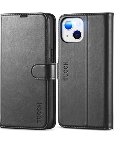 TUCCH Hülle für iPhone 13, Handyhülle iPhone 13 Klapphülle [TPU] [Kartenfächer] [Ständer] [Magnet] RFID-Sperrung, Stoßfeste Case, Cover kompatibel mit iPhone 13 (6,1 Zoll) Schwarz von TUCCH