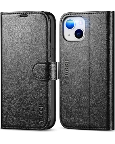 TUCCH Hülle für iPhone 13, Schutzhülle TPU [Kartenfächer], [Standfunktion] [RFID Blocker] Klapphülle, [Magnet] Stoßfeste Handyhülle, Case Kompatibel mit iPhone 13 (6,1 Zoll), Texturiert Schwarz von TUCCH