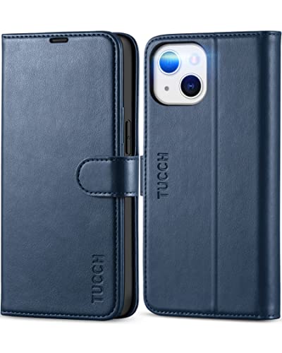 TUCCH Hülle für iPhone 13, iPhone 13 Handyhülle, [TPU] [Kartenfächer] [Ständer] [Magnet] [RFID-Sperrung], Stoßfeste Schutzhülle, Lederhülle klappbar kompatibel mit iPhone 13 (6,1 Zoll) Dunkelblau von TUCCH