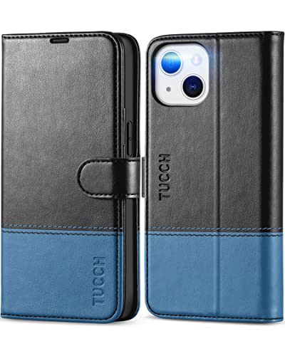 TUCCH Hülle für iPhone 13 Flip Case 5G 2021 [Magnet] ische Klapphülle [RFID-Blocker] TPU [Standfunktion] [Kartenfach] Schutzhülle kompatibel mit iPhone 13 (6,1 Zoll) Schwarz-Blau von TUCCH