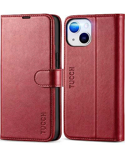 TUCCH Hülle für iPhone 13 Mini, Cover [RFID-Sperrung] [Schützt vor Stößen] [Magnetverschluss] [Kartenfach] [TPU] Schutzhülle klappbar kompatibel mit iPhone 13 Mini (5,4 Zoll) Dunkelrot von TUCCH