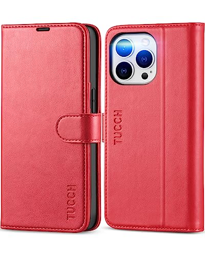 TUCCH Hülle für iPhone 13 Pro Case RFID-Sperrung Stoßfeste Handyhülle, [TPU] [Kartenfach] [Standfunktion] [Kunstleder], Schutzhülle kompatibel mit iPhone 13 Pro (6,1 Zoll) Rot von TUCCH