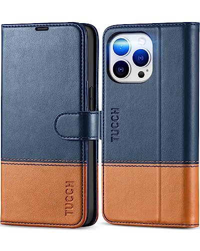 TUCCH Hülle für iPhone 13 Pro Schutzhülle Stoßfeste [Standfunktion] [TPU] [Kartenfach] [Magnetverschluss] RFID Blocker Walletcase kompatibel mit iPhone 13 Pro (6,1 Zoll) Blau-Braun von TUCCH